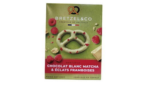 Bretzel chocolat blanc, matcha et framboises